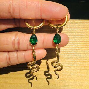 Gold Snake Cottagecore Green Tear Drop Earrings Huggie Hoop Serpent Fairycore